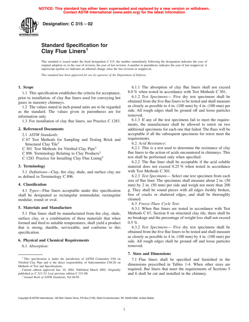 ASTM C315-02 - Standard Specification for Clay Flue Linings