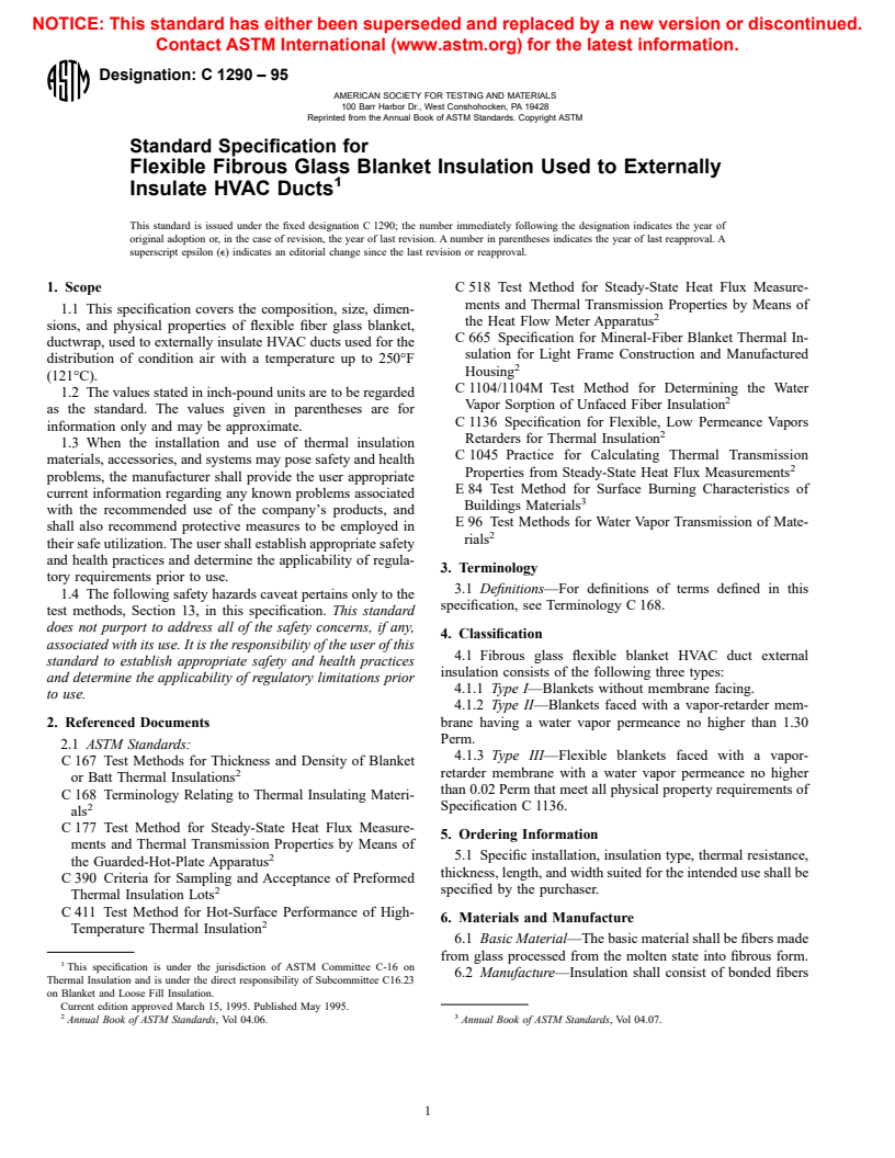 ASTM C1290-95 - Standard Specification for Flexible Fibrous Glass Blanket Insulation Used to Externally Insulate HVAC Ducts