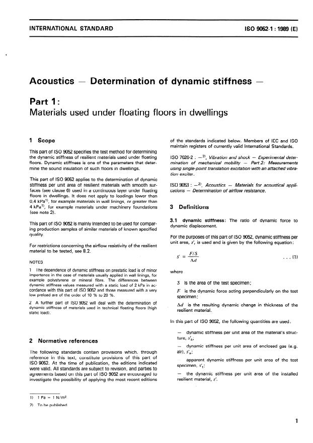 ISO 9052-1:1989 - Acoustics -- Determination of dynamic stiffness