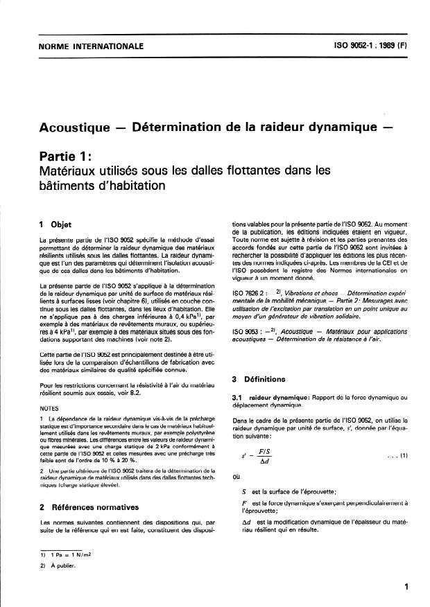 ISO 9052-1:1989 - Acoustique -- Détermination de la raideur dynamique