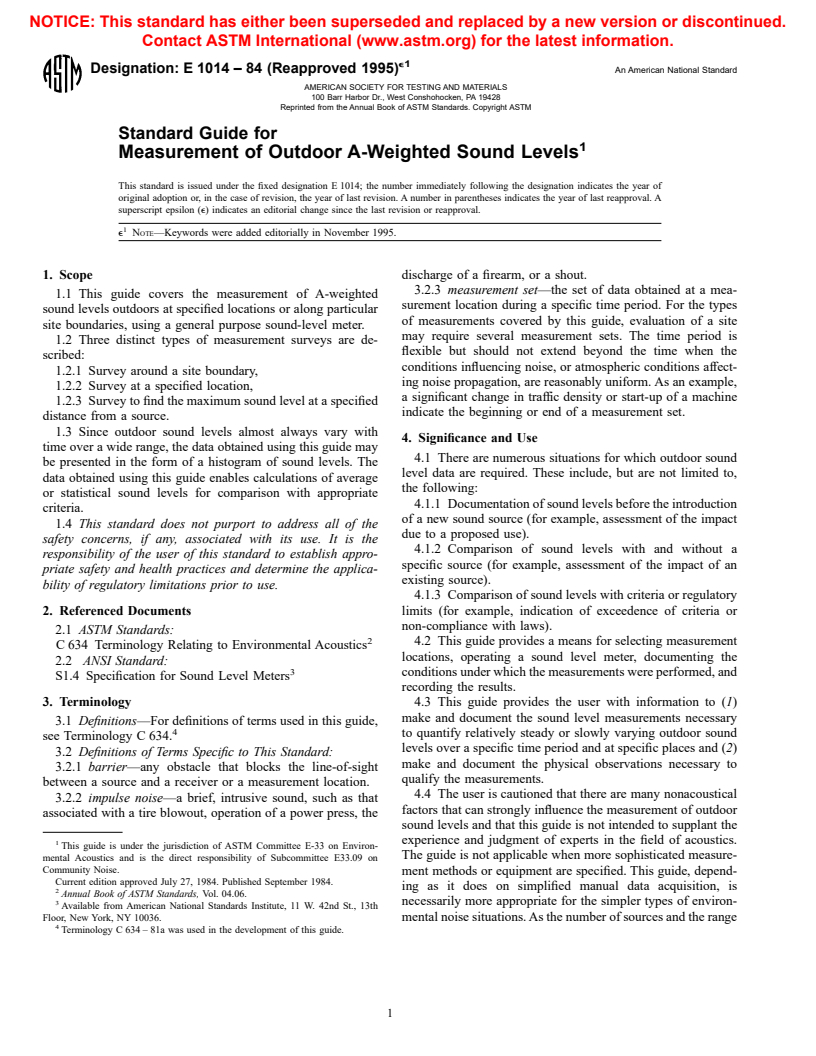 ASTM E1014-84(1995)e1 - Standard Guide for Measurement of Outdoor A-Weighted Sound Levels