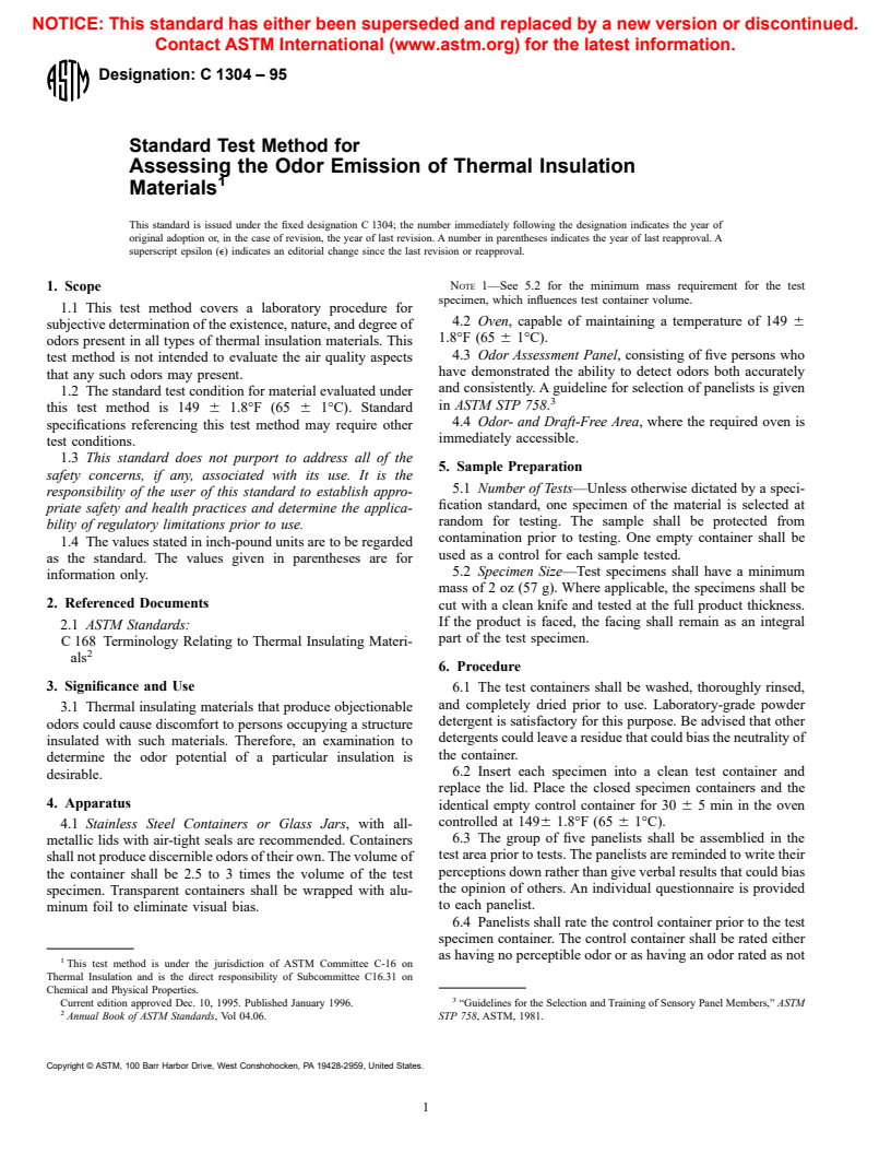 ASTM C1304-95 - Standard Test Method for Assessing the Odor Emission of Thermal Insulation Materials