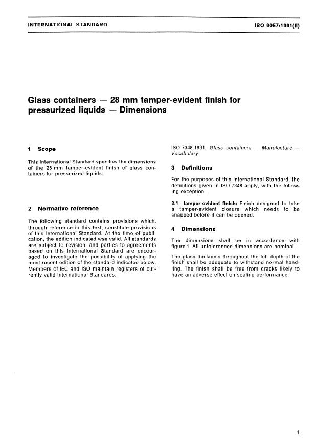 ISO 9057:1991 - Glass containers -- 28 mm tamper-evident finish for pressurized liquids -- Dimensions