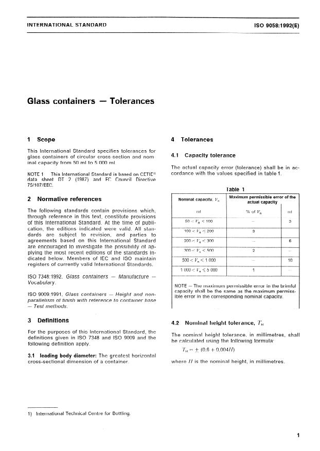 ISO 9058:1992 - Glass containers -- Tolerances