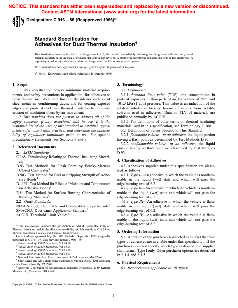 ASTM C916-85(1996)e1 - Standard Specification for Adhesives for Duct Thermal Insulation