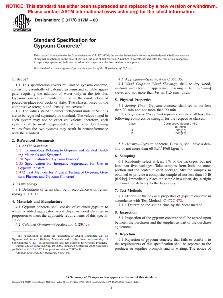 ASTM C317/C317M-00 - Standard Specification for Gypsum Concrete