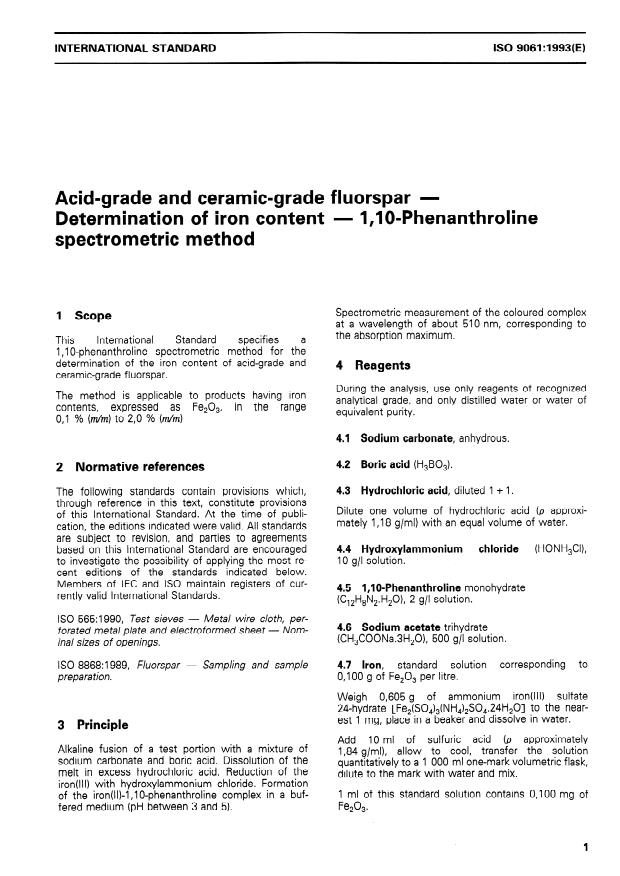 ISO 9061:1993 - Acid-grade and ceramic-grade fluorspar -- Determination of iron content -- 1,10-Phenanthroline spectrometric method