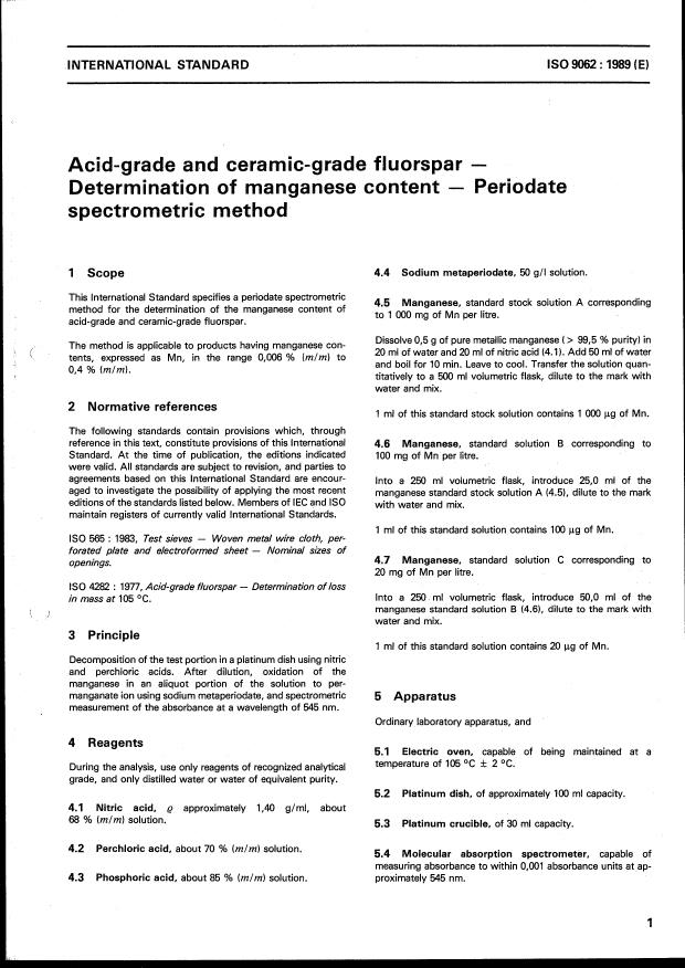 ISO 9062:1989 - Acid-grade and ceramic-grade fluorspar -- Determination of manganese content -- Periodate spectrometric method