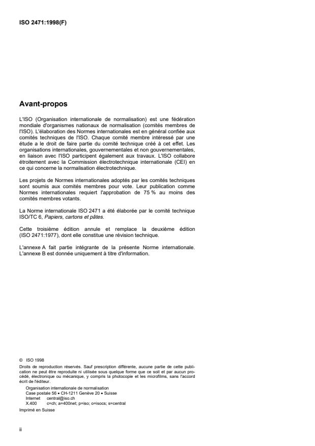 ISO 2471:1998 ISO 2471:1998 - Papier et carton -- Détermination de l'opacité sur fond papier -- Méthode de réflexion en lumiere diffuse - Page 2 preview