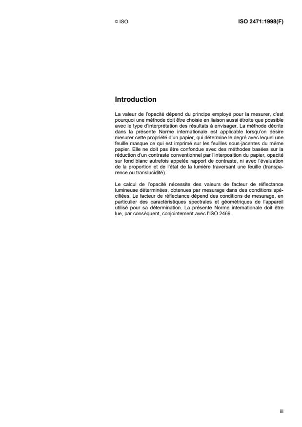 ISO 2471:1998 - Papier et carton -- Détermination de l'opacité sur fond papier -- Méthode de réflexion en lumiere diffuse