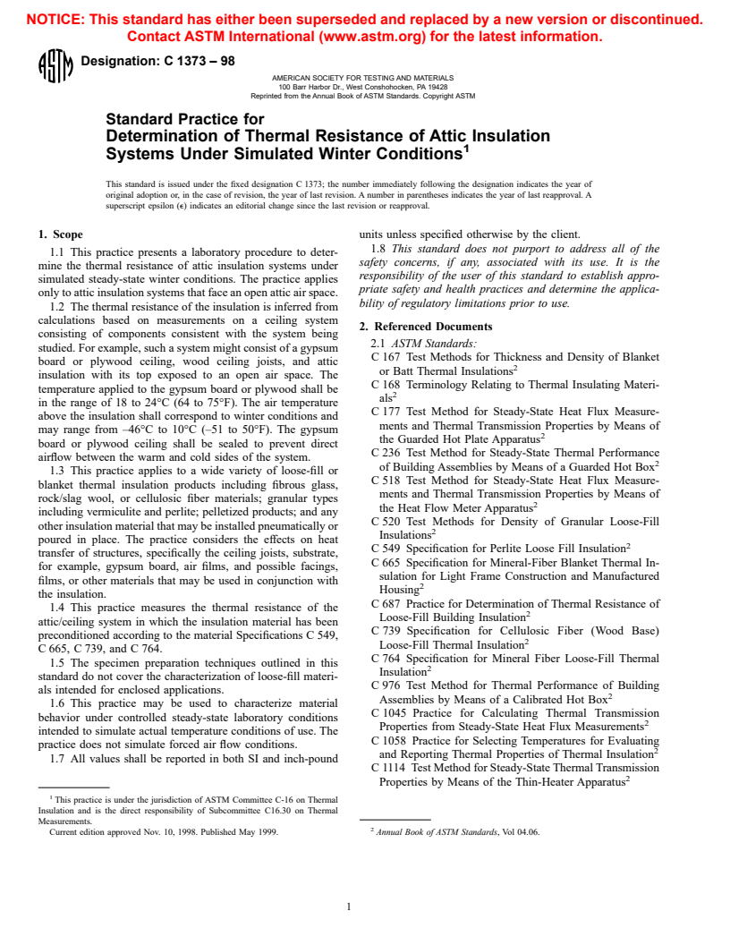 ASTM C1373-98 - Standard Practice for Determination of Thermal Resistance of Attic Insulation Systems Under Simulated Winter Conditions
