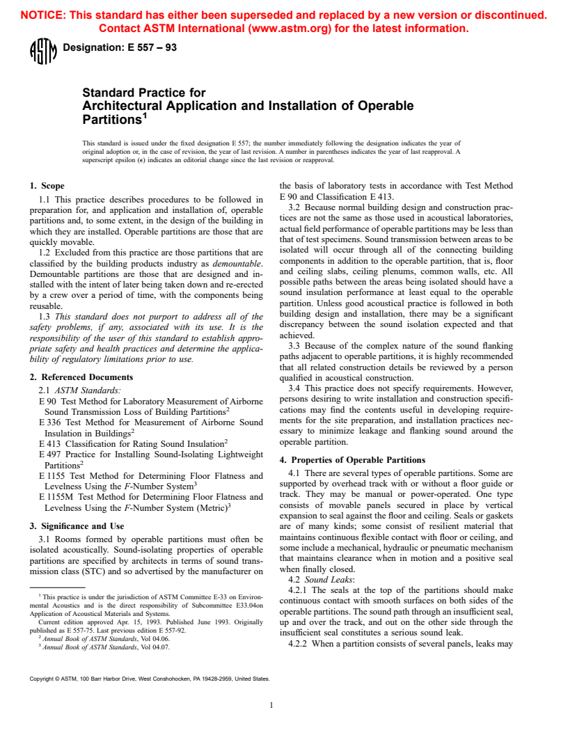 ASTM E557-93 - Standard Guide for The Installation of Operable Partitions