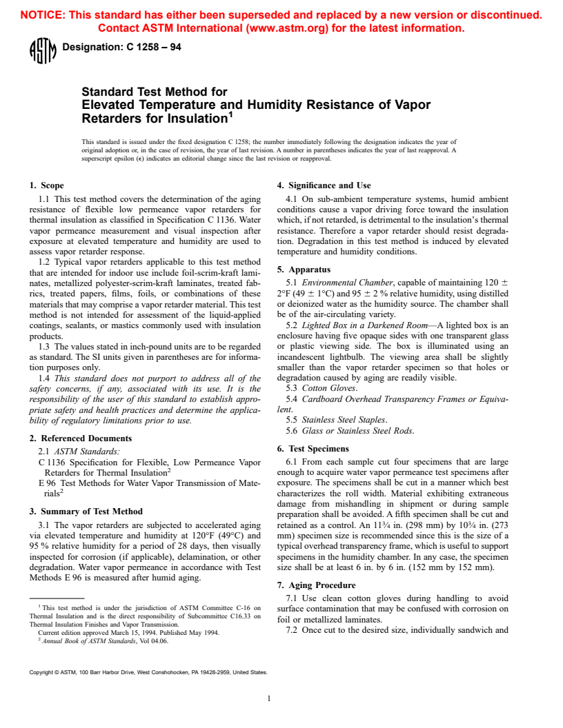 ASTM C1258-94 - Standard Test Method for Elevated Temperature and Humidity Resistance of Vapor Retarders for Insulation