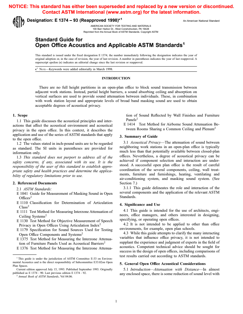 ASTM E1374-93(1998)e1 - Standard Guide for Open Office Acoustics and Applicable ASTM Standards