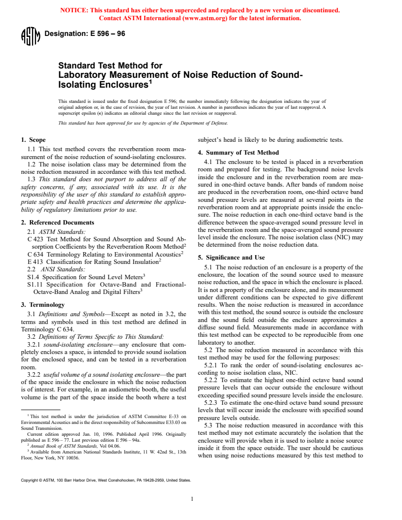 ASTM E596-96 - Standard Test Method for Laboratory Measurement of Noise Reduction of Sound-Isolating Enclosures