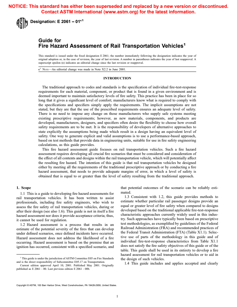 ASTM E2061-01e1 - Guide for Fire Hazard Assessment of Rail Transportation Vehicles