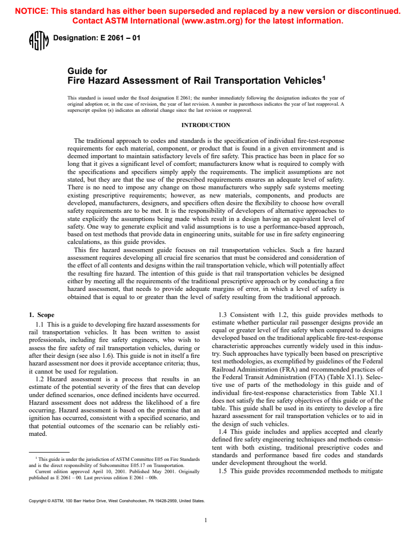 ASTM E2061-01 - Guide for Fire Hazard Assessment of Rail Transportation Vehicles