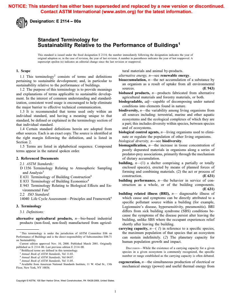 ASTM E2114-00a - Standard Terminology for Sustainability Relative to the Performance of Buildings
