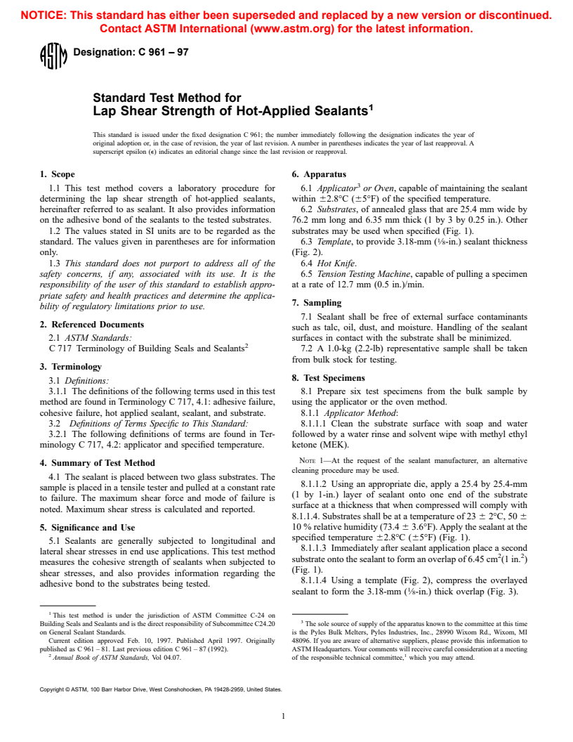 ASTM C961-97 - Standard Test Method for Lap Shear Strength of Hot-Applied Sealants