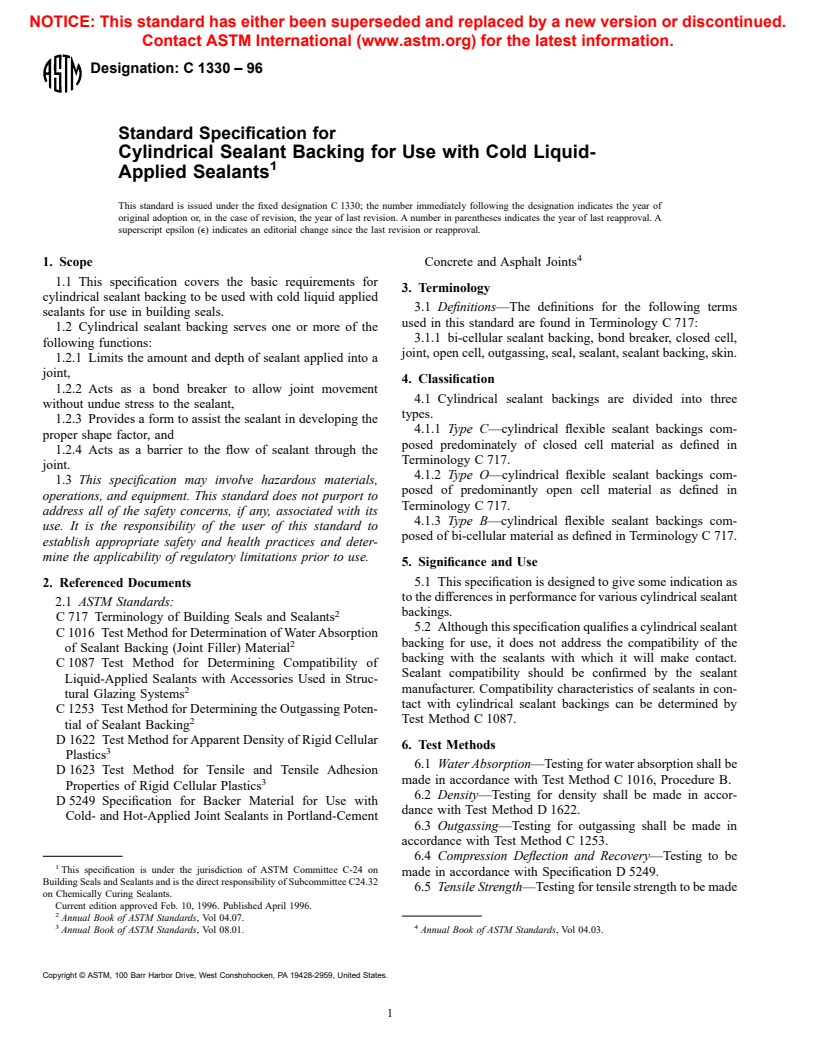 ASTM C1330-96 - Standard Specification for Cylindrical Sealant Backing for Use with Cold Liquid Applied Sealants