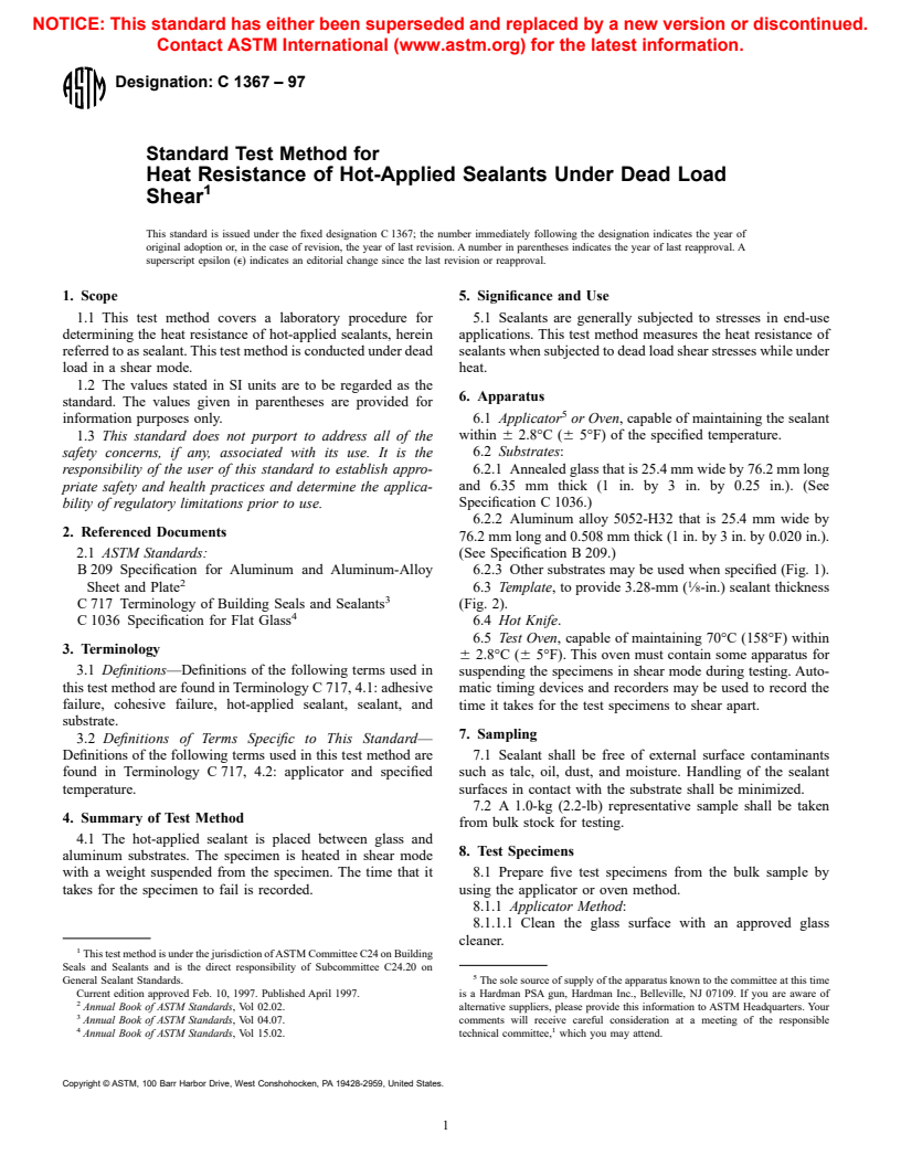 ASTM C1367-97 - Standard Test Method for Heat Resistance of Hot-Applied Sealants Under Dead Load Shear