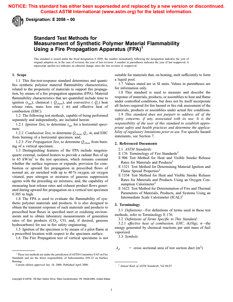 ASTM E2058-00 - Standard Test Methods for Measurement of Synthetic Polymer Material Flammability Using a Fire Propagation Apparatus (FPA)