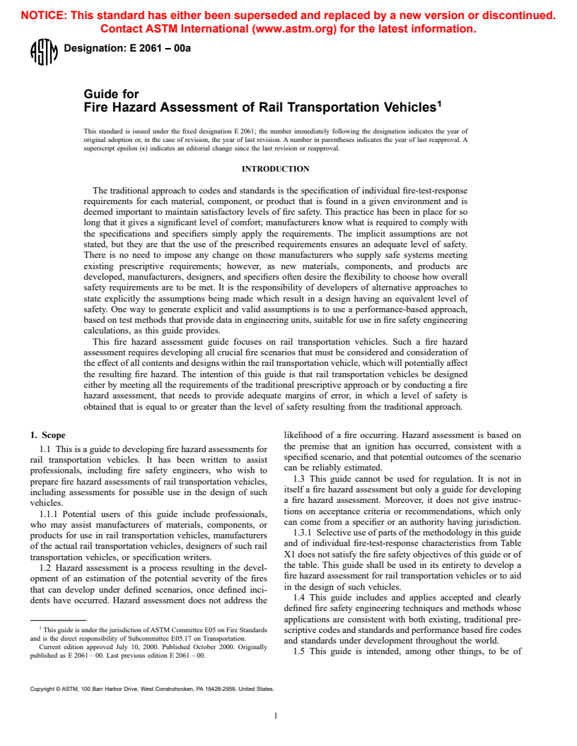 ASTM E2061-00a - Guide for Fire Hazard Assessment of Rail Transportation Vehicles