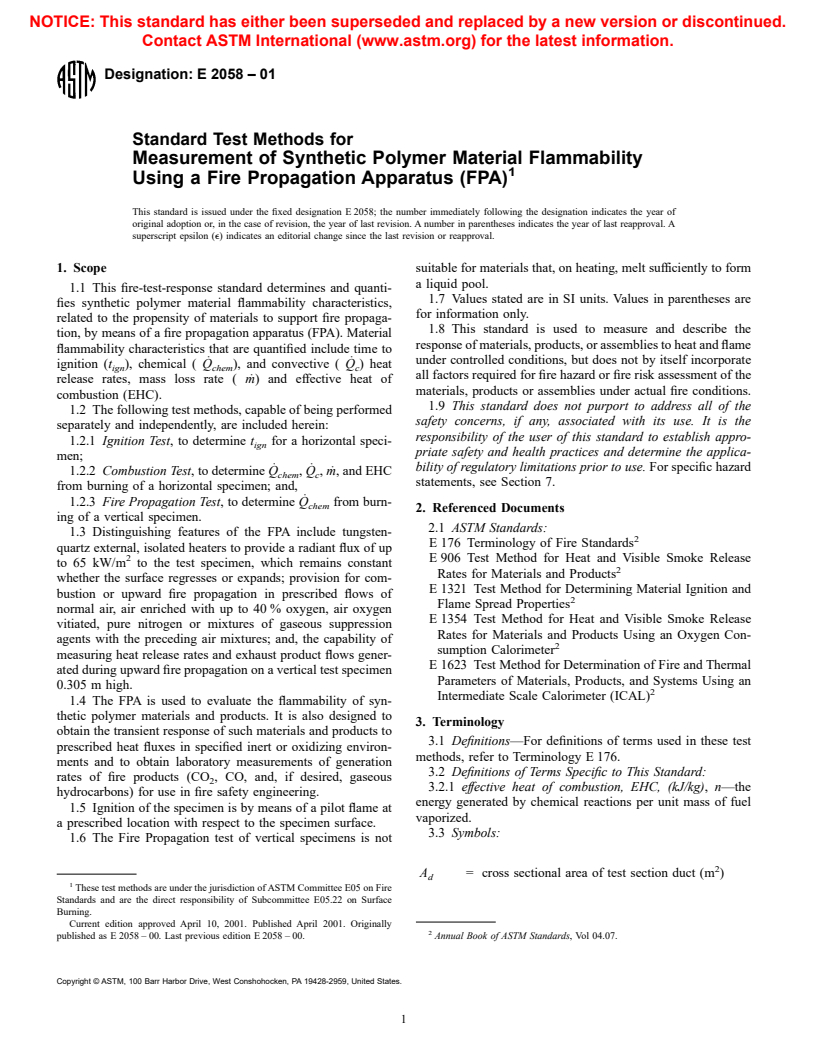 ASTM E2058-01 - Standard Test Methods for Measurement of Synthetic Polymer Material Flammability Using a Fire Propagation Apparatus (FPA)