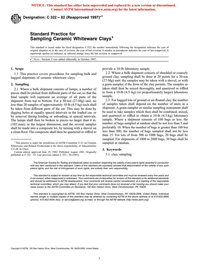 ASTM C322-82(1997)e1 - Standard Practice for Sampling Ceramic Whiteware Clays