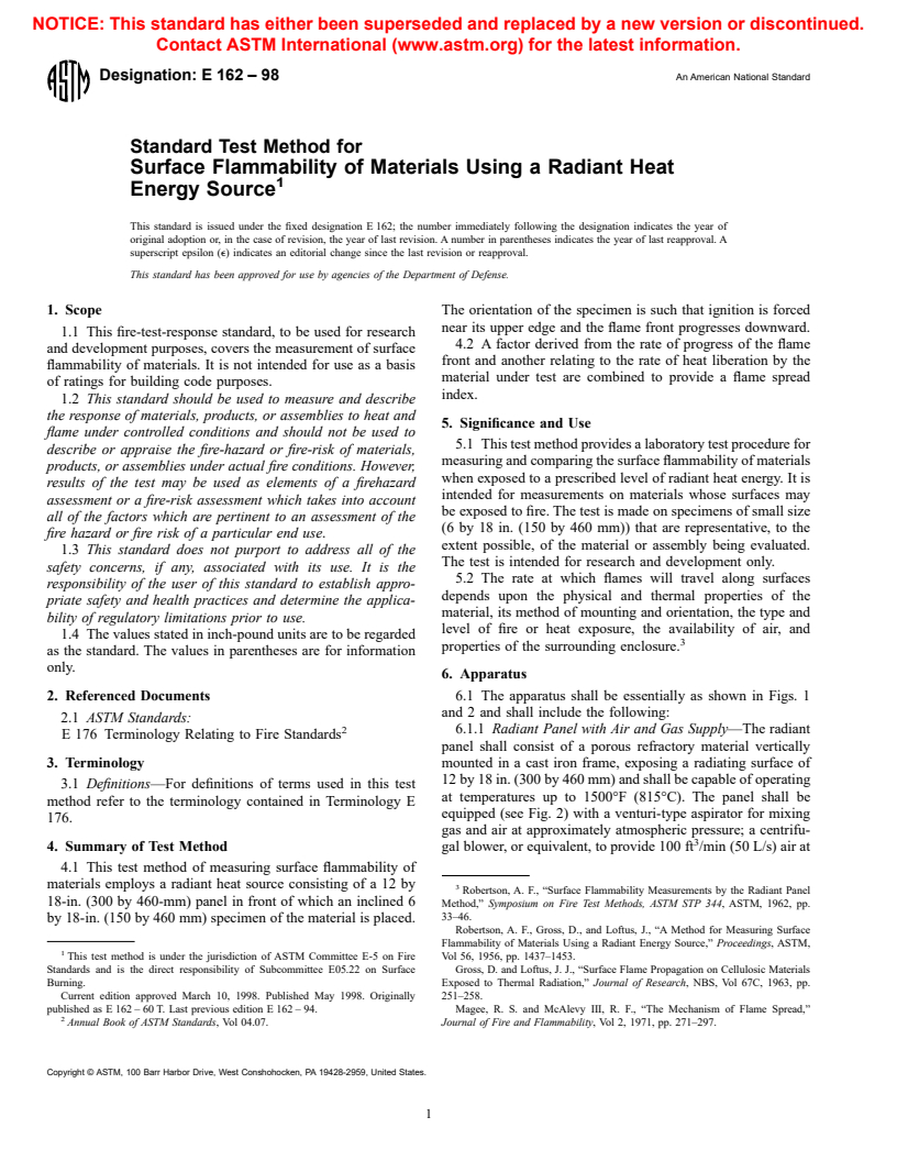 ASTM E162-98 - Standard Test Method for Surface Flammability of Materials Using a Radiant Heat Energy Source