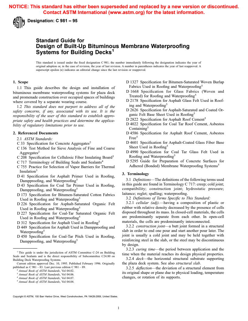 ASTM C981-95 - Standard Guide for Design of Built-Up Bituminous Membrane Waterproofing Systems for Building Decks