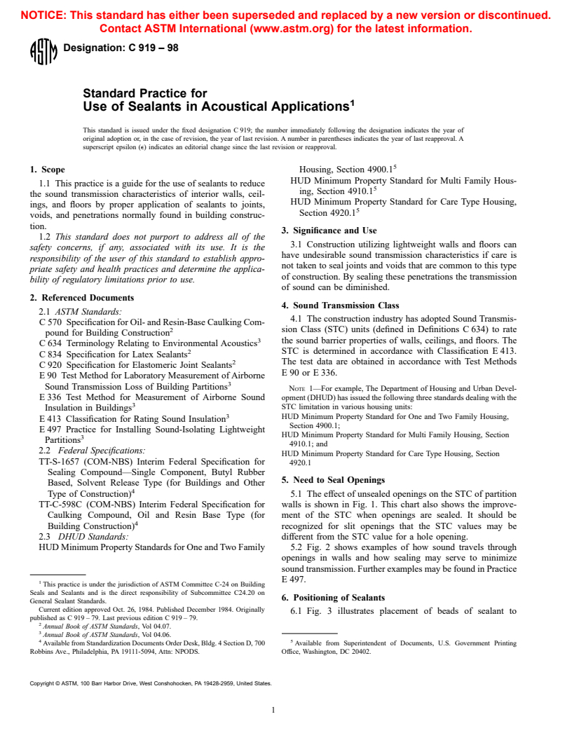 ASTM C919-98 - Standard Practice for Use of Sealants in Acoustical Applications