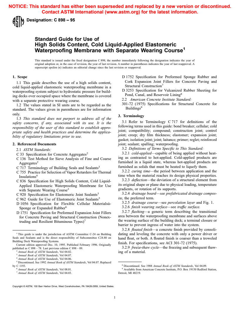 ASTM C898-95 - Standard Guide for Use of High Solids Content, Cold Liquid-Applied Elastomeric Waterproofing Membrane With Separate Wearing Course