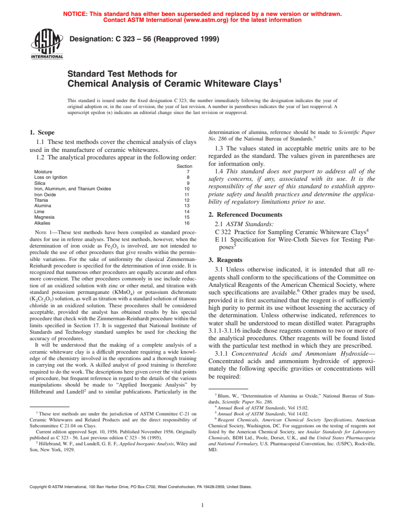 ASTM C323-56(1999) - Standard Test Methods for Chemical Analysis of Ceramic Whiteware Clays