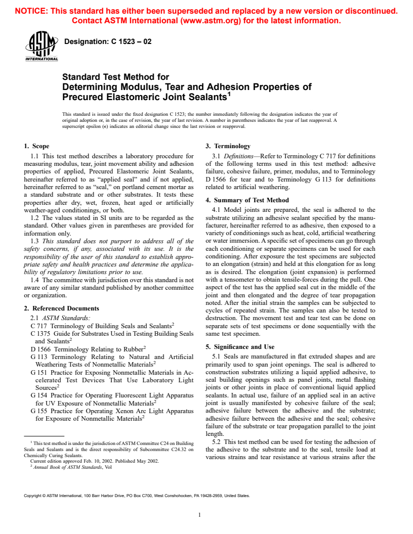 ASTM C1523-02 - Standard Test Method for Determining Modulus, Tear and Adhesion Properties of Precured Elastomeric Joint Sealants