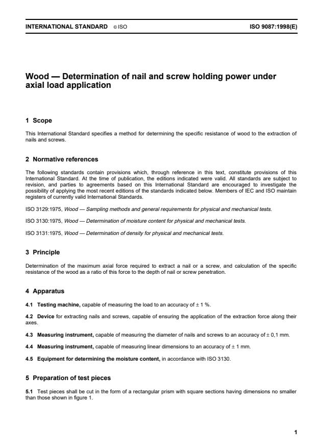 ISO 9087:1998 - Wood - Determination of nail and screw holding power under axial load application