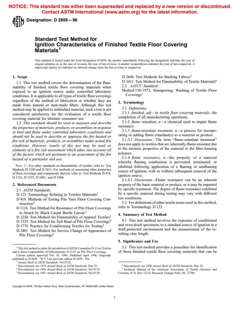 ASTM D2859-96 - Standard Test Method for Ignition Characteristics of Finished Textile Floor Covering Materials