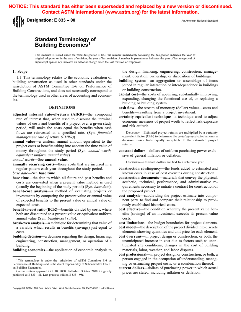 ASTM E833-00 - Standard Terminology of Building Economics