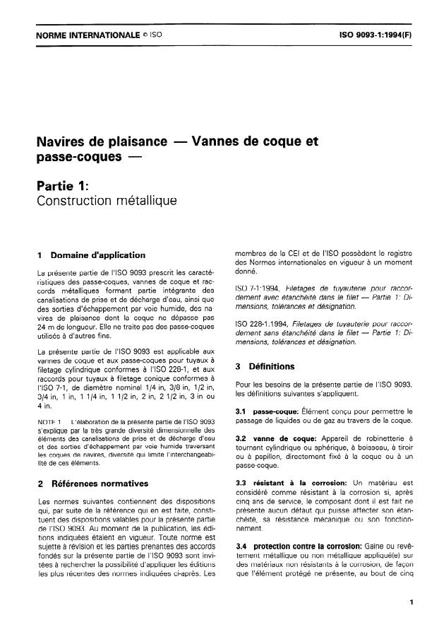 ISO 9093-1:1994 - Navires de plaisance -- Vannes de coque et passe-coques