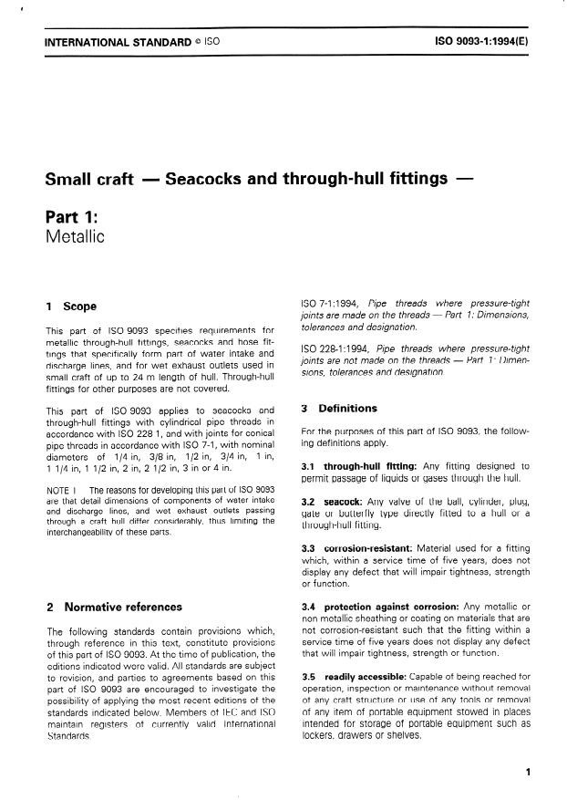 ISO 9093-1:1994 - Small craft -- Seacocks and through-hull fittings