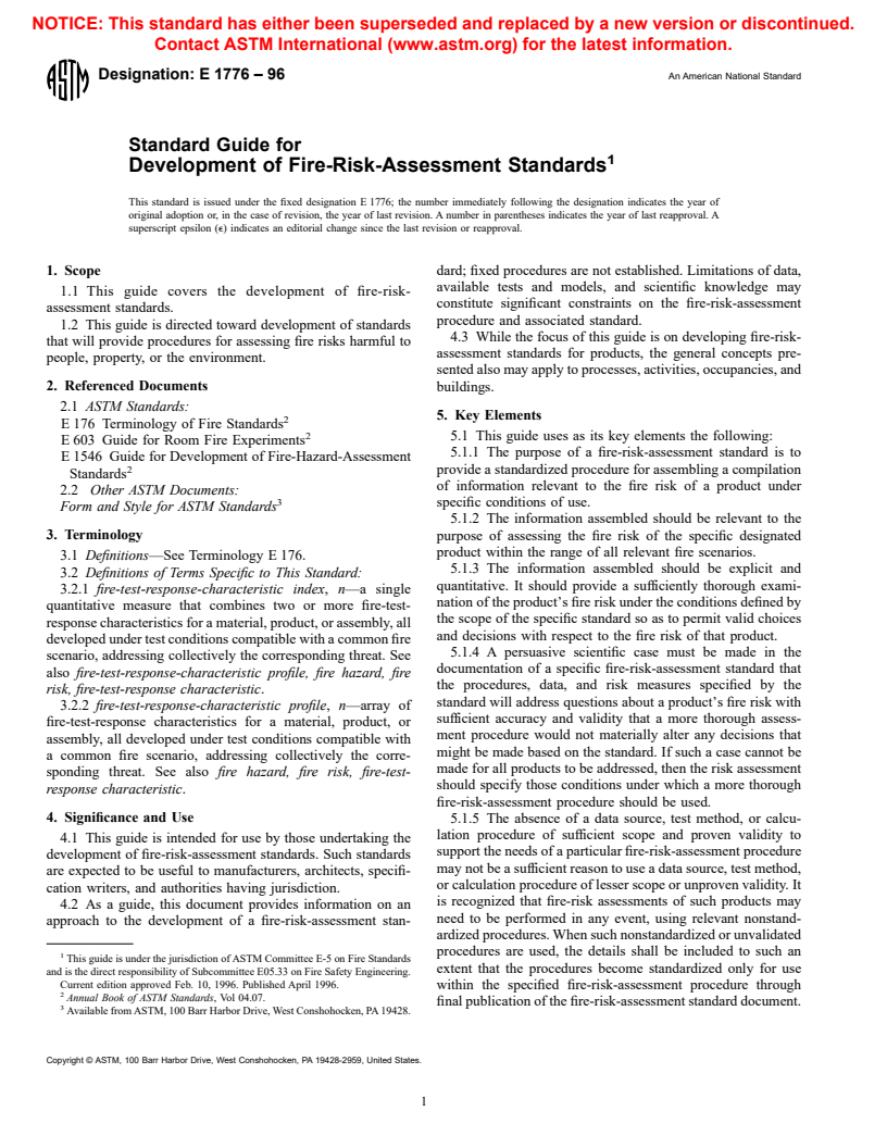 ASTM E1776-96 - Standard Guide for Development of Fire-Risk-Assessment Standards