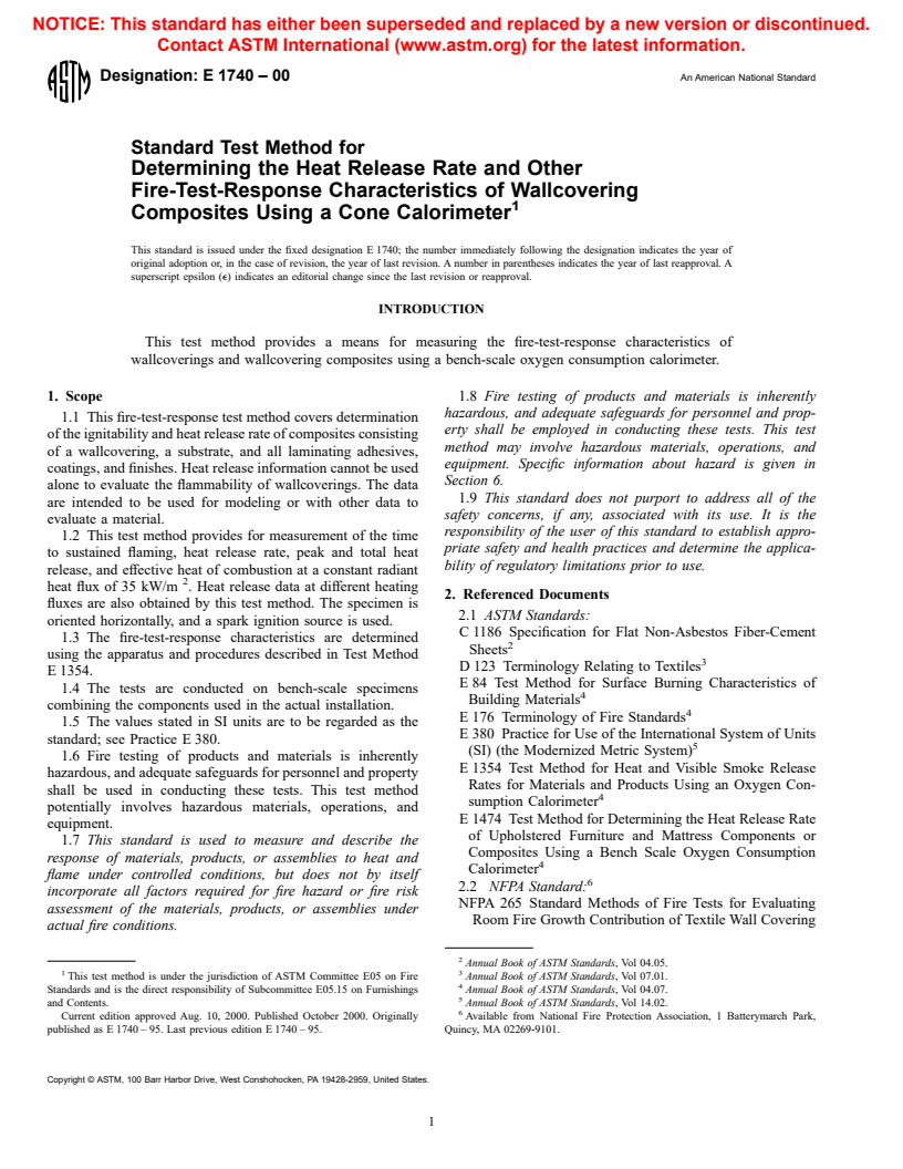 ASTM E1740-00 - Standard Test Method for Determining the Heat Release Rate and Other Fire-Test-Response Characteristics of Wallcovering Composites Using a Cone Calorimeter