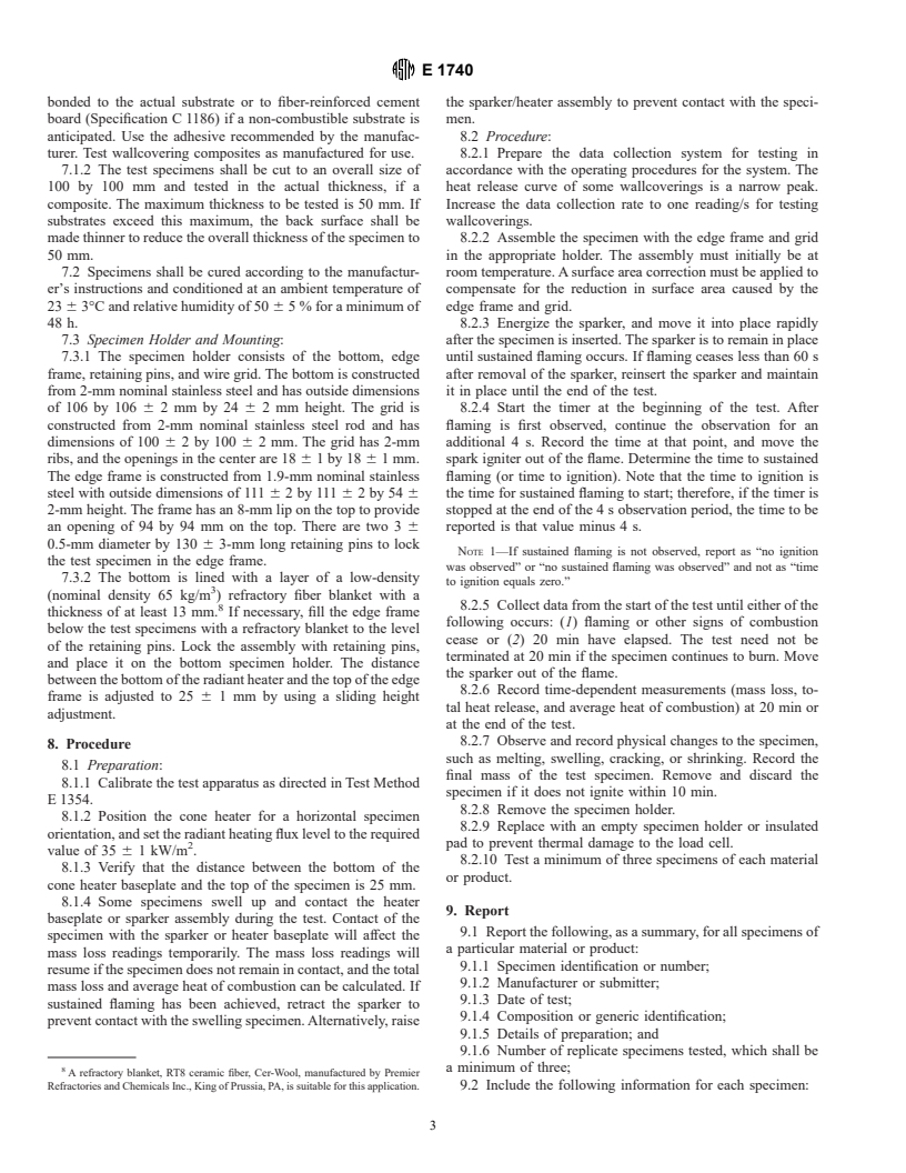 ASTM E1740-00 - Standard Test Method for Determining the Heat Release Rate and Other Fire-Test-Response Characteristics of Wallcovering Composites Using a Cone Calorimeter