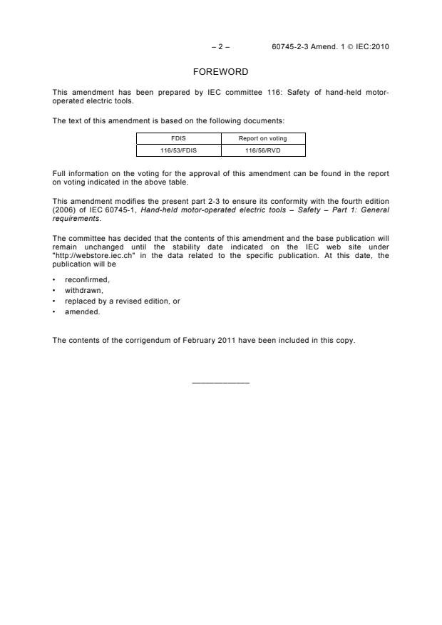 IEC 60745-2-3:2006/AMD1:2010 IEC 60745-2-3:2006/AMD1:2010 - Amendment 1 - Hand-held motor-operated electric tools - Safety - Part 2-3: Particular requirements for grinders, polishers and disk-type sanders - Page 4 preview