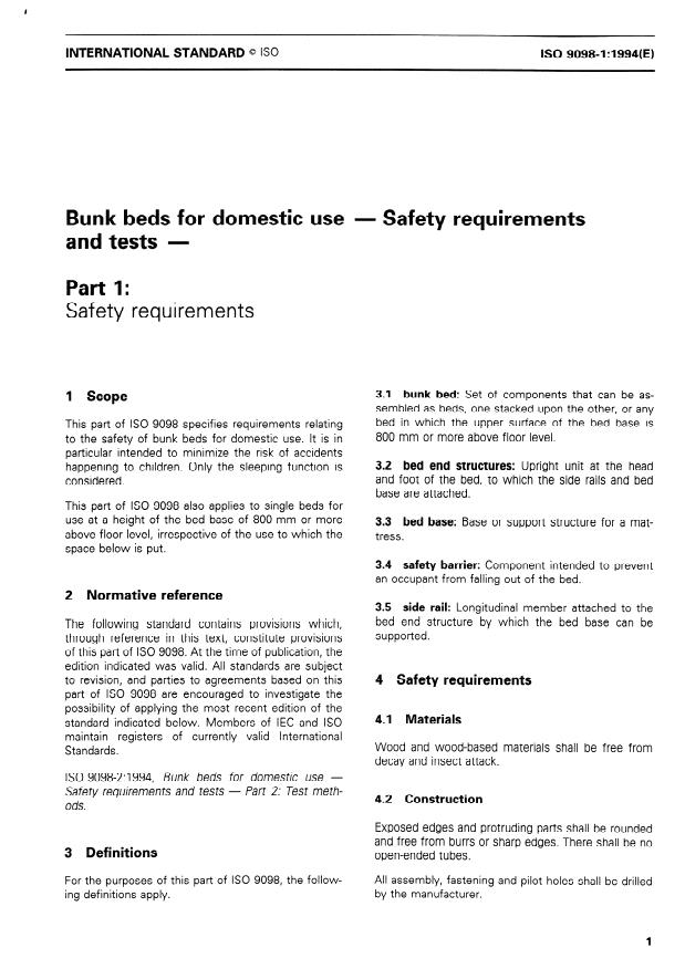 ISO 9098-1:1994 - Bunk beds for domestic use -- Safety requirements and tests