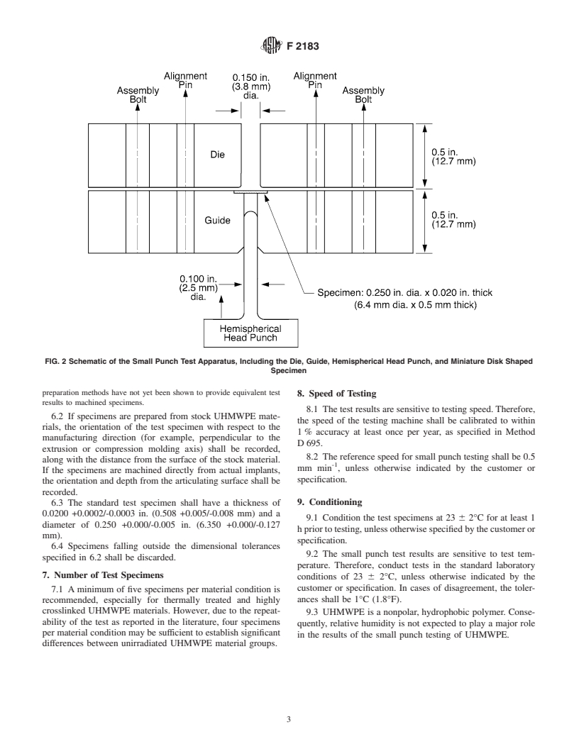 ASTM F2183-02 - Standard Test Method for Small Punch Testing of Ultra-High Molecular Weight Polyethylene Used in Surgical Implants