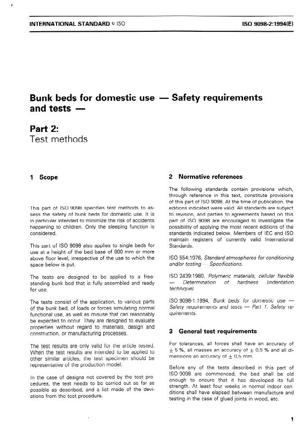 ISO 9098-2:1994 - Bunk beds for domestic use -- Safety requirements and tests