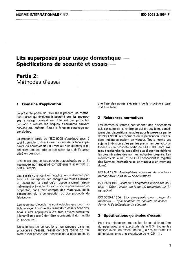 ISO 9098-2:1994 ISO 9098-2:1994 - Lits superposés pour usage domestique -- Spécifications de sécurité et essais - Page 2 preview