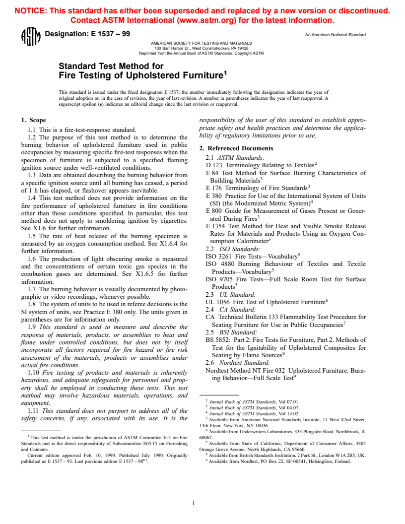 ASTM E1537-99 - Standard Test Method for Fire Testing of Real Scale Upholstered Furniture