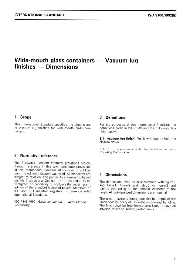 ISO 9100:1992 - Wide-mouth glass containers -- Vacuum lug finishes -- Dimensions